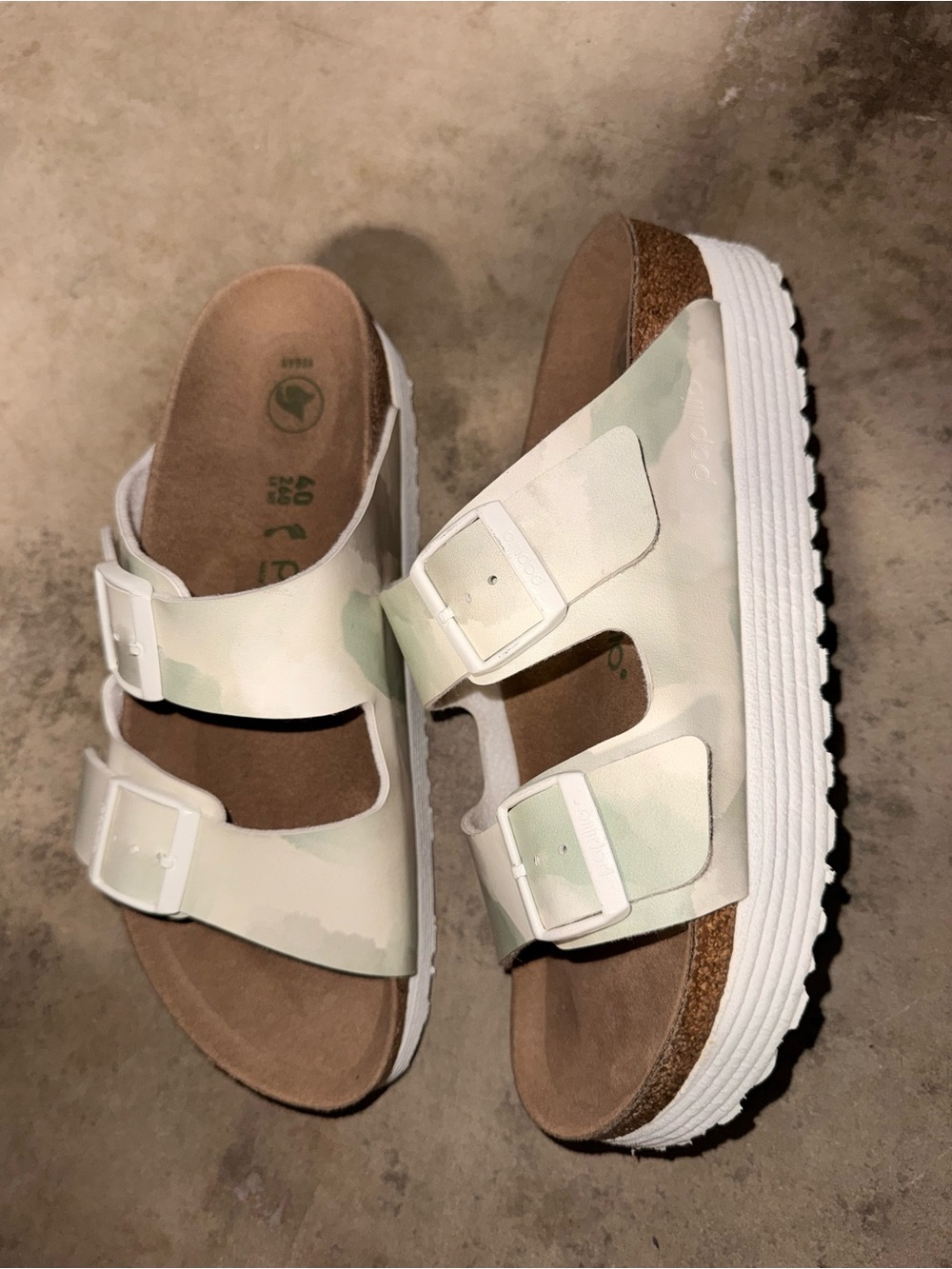 Birkenstock White and Light Green Camo Arizona Platform Sandals